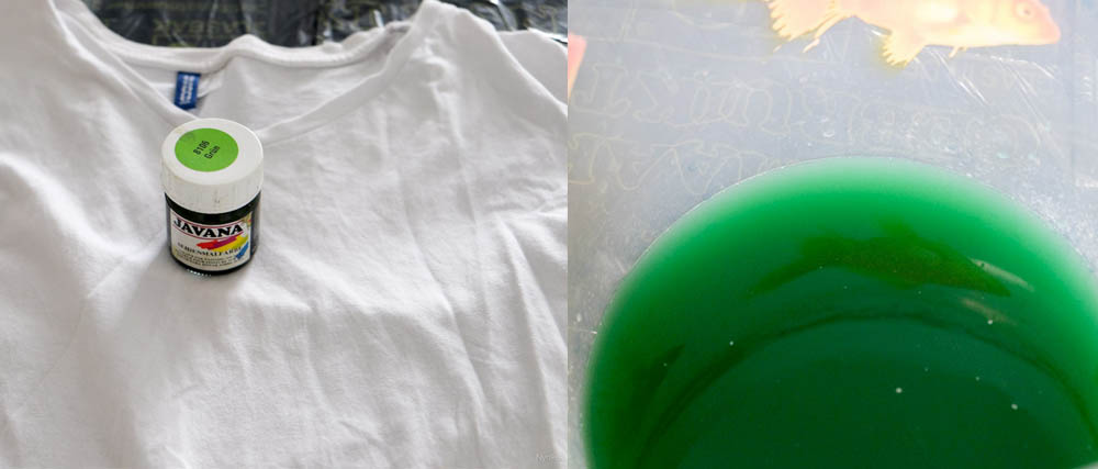 verf je shirt groen, door verf met water in een emmer te doen.